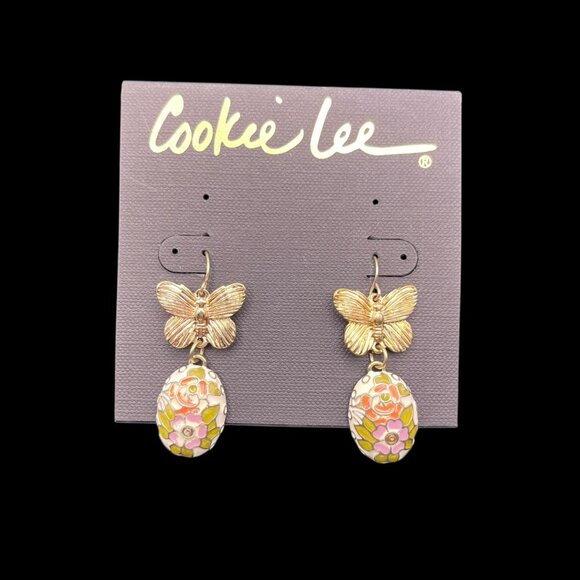 Vintage Cookie Lee Earrings Dangle Butterfly Floral Egg Cloisonné Gold Tone‎ NEW - Picture 1 of 8